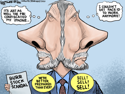 Political Cartoon U.S. burr stock scandal coronavirus