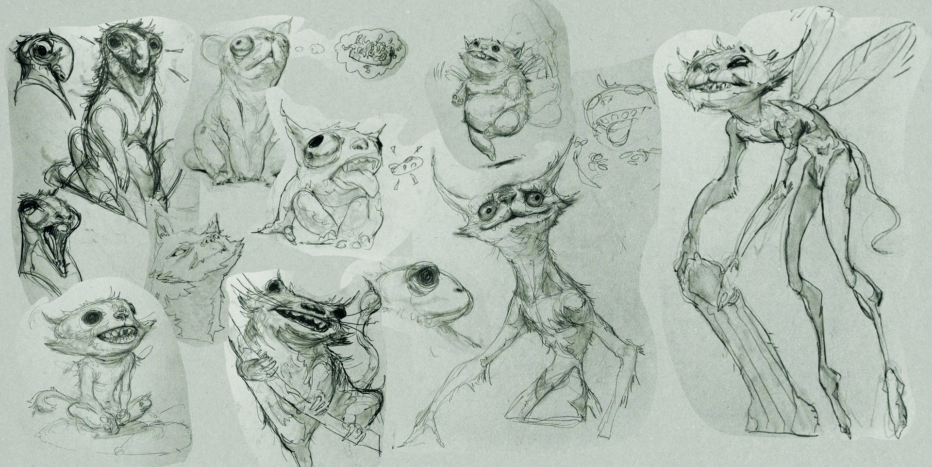 Pencil sketches of a moth-like creature