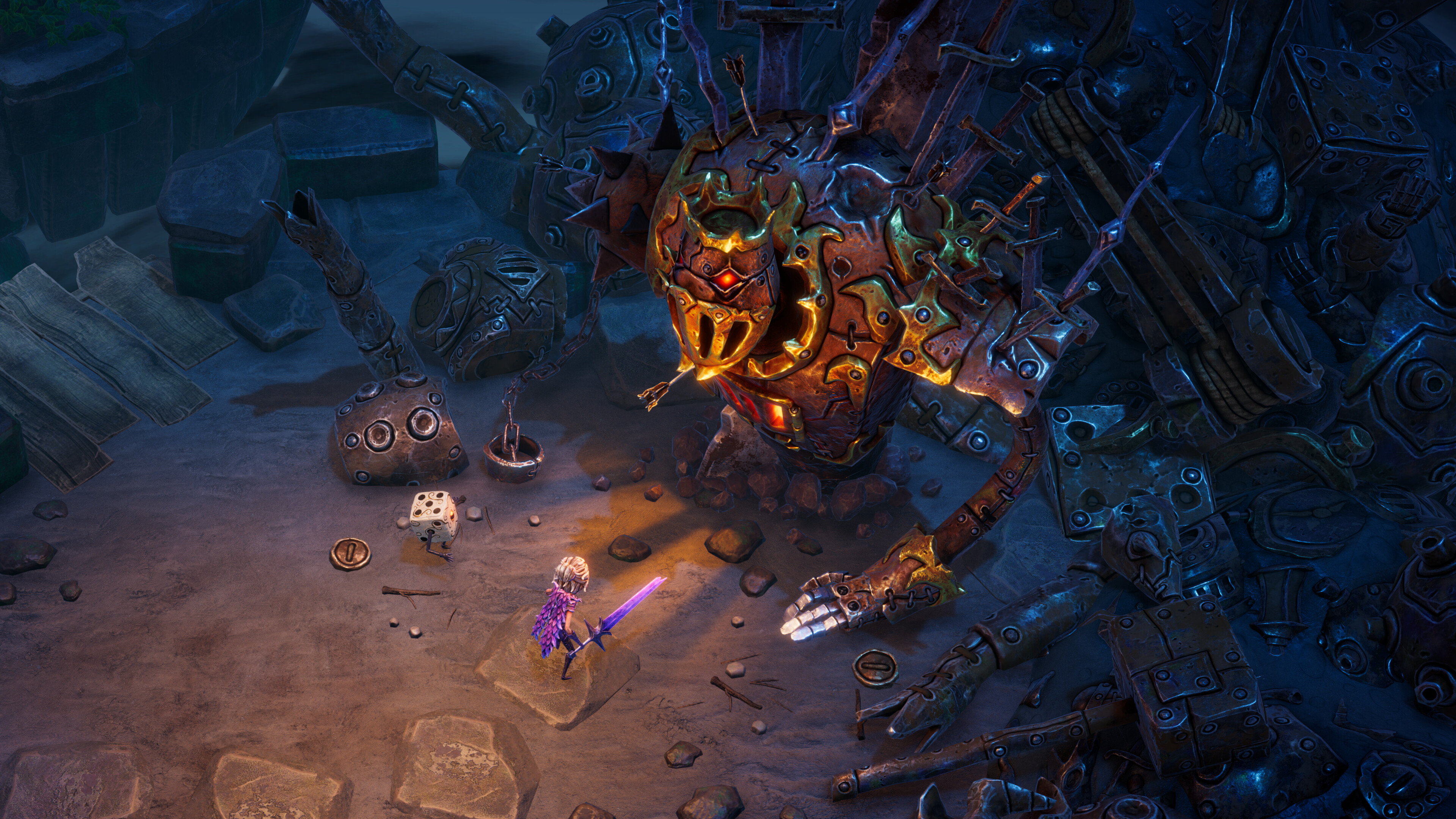 Promotional screenshot of Aleksandra confronting a giant being in Lost in Random: The Eternal Die