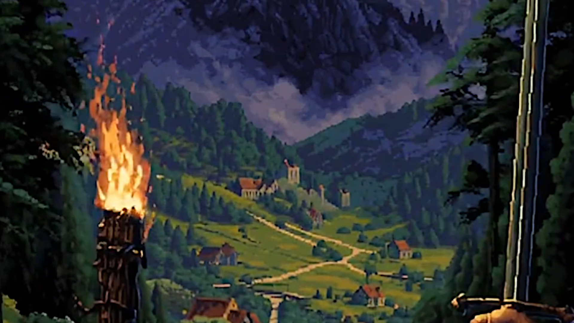 An AI-generated image of a game concept showing rolling green hills and a distant castle wreathed in fog.