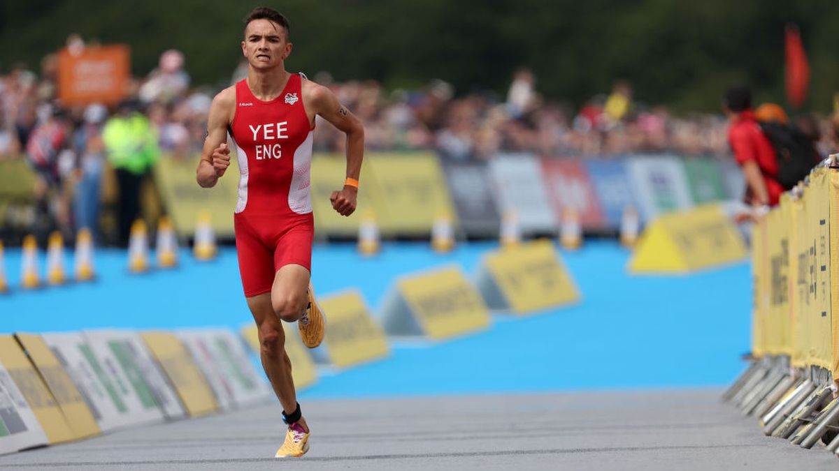 Alex Yee of Team England runs to the finish line during the Men&#039;s Individual Sprint Distance Triathlon Final during the Birmingham 2022 Commonwealth Games ahead of the Paris Olympics 2024