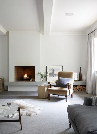 Cozy living room with pale grey walls and fireplace