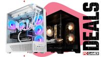 Two gaming PCs on a custom PC Gamer 'Deals' background.