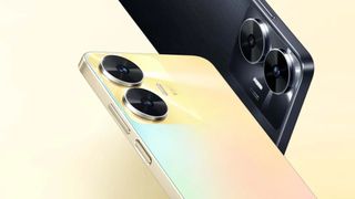 A yellow and black Realme C55 floating in a yellow void, there are two cameras on the back