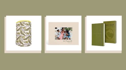 three of the best 60th birthday gifts as chosen by woman and home on an olive green background with pale beige shadows around each product image