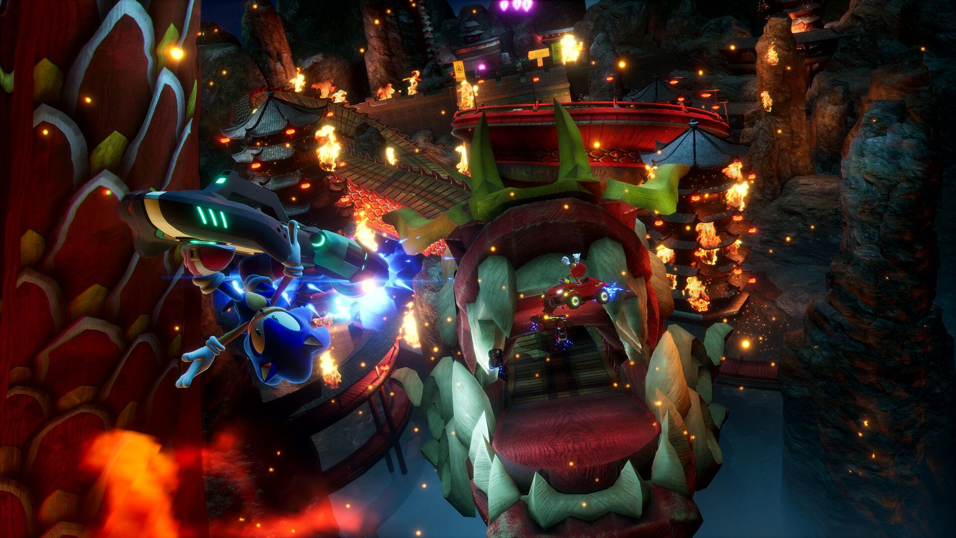 Sonic and Dr Robotnik racing down a dragon-themed track in Sonic Racing CrossWorlds.