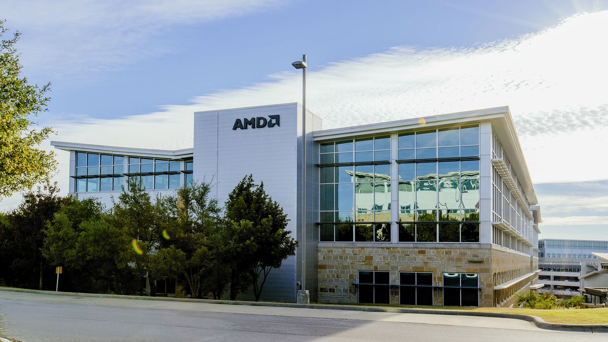 The front aspect of AMD&#039;s campus building in Austin, Texas, on a sunny day