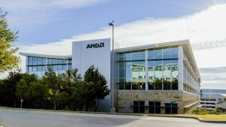 The front aspect of AMD's campus building in Austin, Texas, on a sunny day