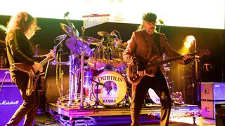 Larry "Ler" LaLonde, Tim "Herb" Alexander and Les Claypool of Primus perform at the Michigan Lottery Amphitheatre on September 22, 2021 in Sterling Heights, Michigan