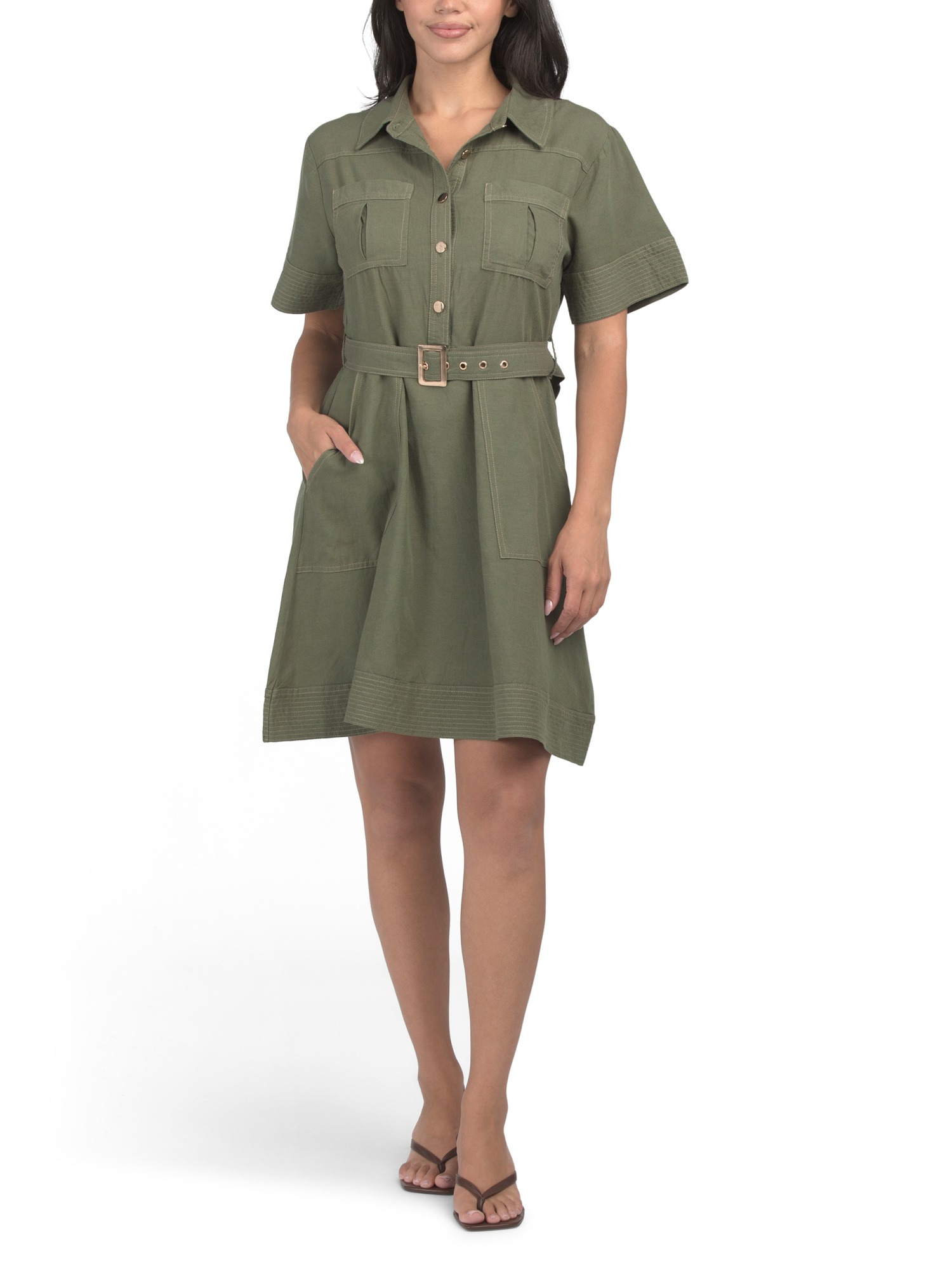 Lea, Linen Blend Short Sleeve Contrast Trim Mini Dress
