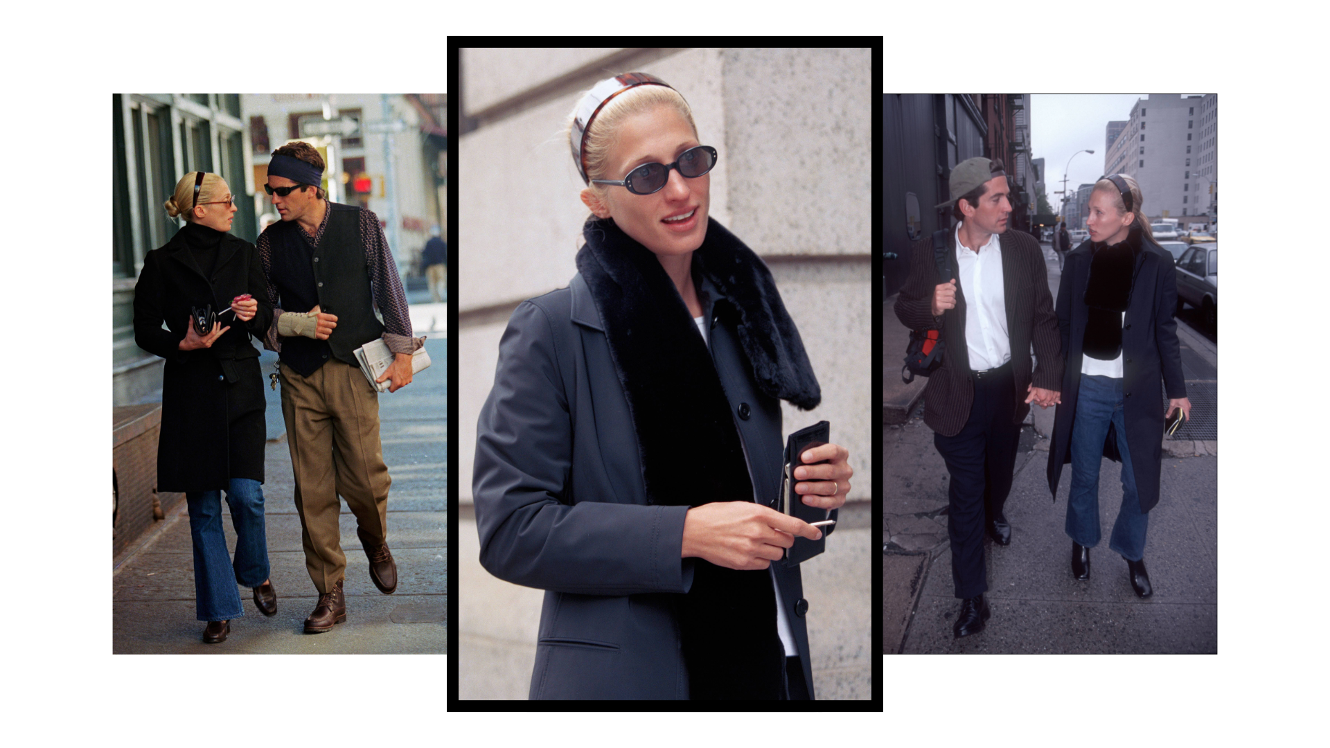 collage of carolyn bessette kennedy wearing headbands with black border around middle image and husband John Kennedy Jr. on white background