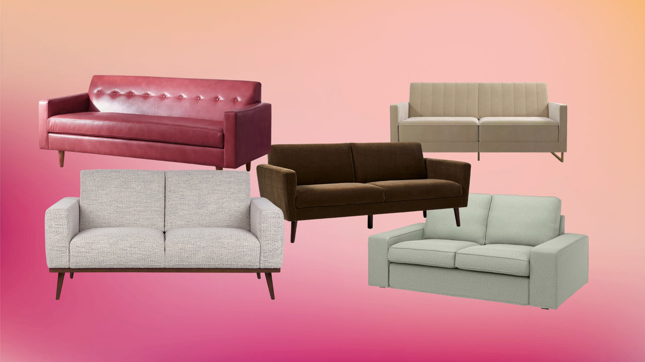 a collage of affordable sofas on a colorful background