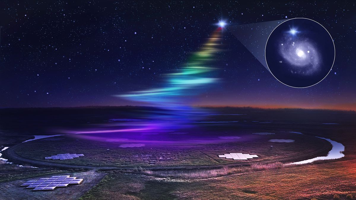 An artist&#039;s depiction of the LOFAR array detecting low-frequency radio waves from a fast radio burst.