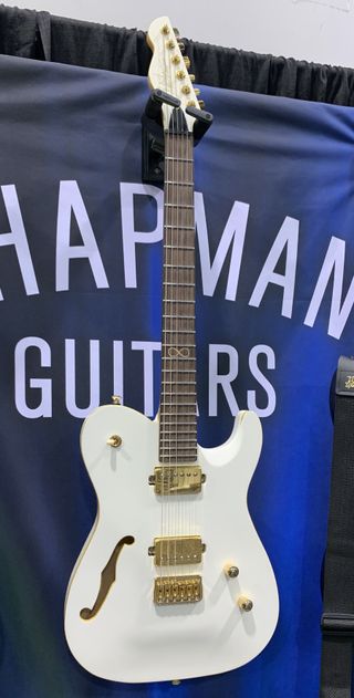 Chapman's new Chris Robertson signature ML3 guitar, displayed at the 2023 NAMM show