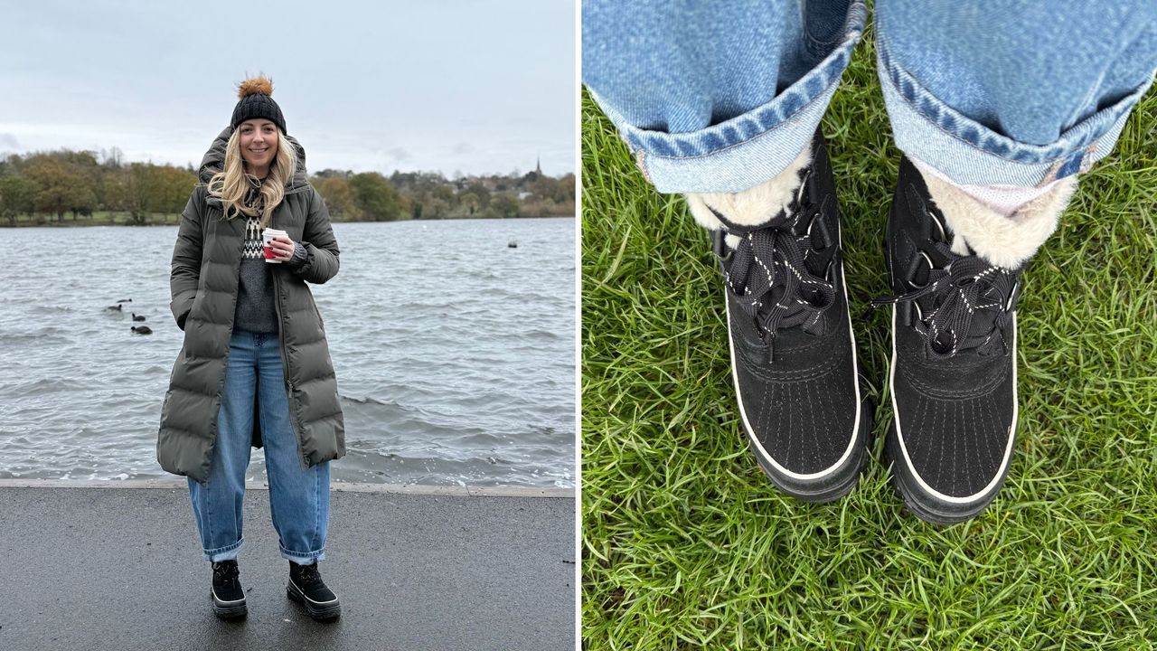 Two images of Caroline Parr testing Sorel snow boots 