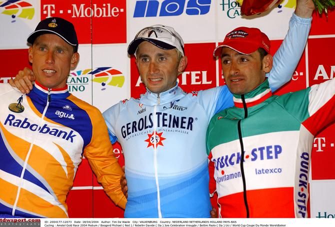 The 2004 podium: Michael Boogerd (Rabobank), Davide Rebellin (Gerolsteiner), Paolo Bettini (Quick Step)