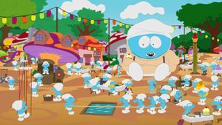 Eric in the Smurf village during the South Park episode 'Dances with Smurfs' (season 13, episode 13).