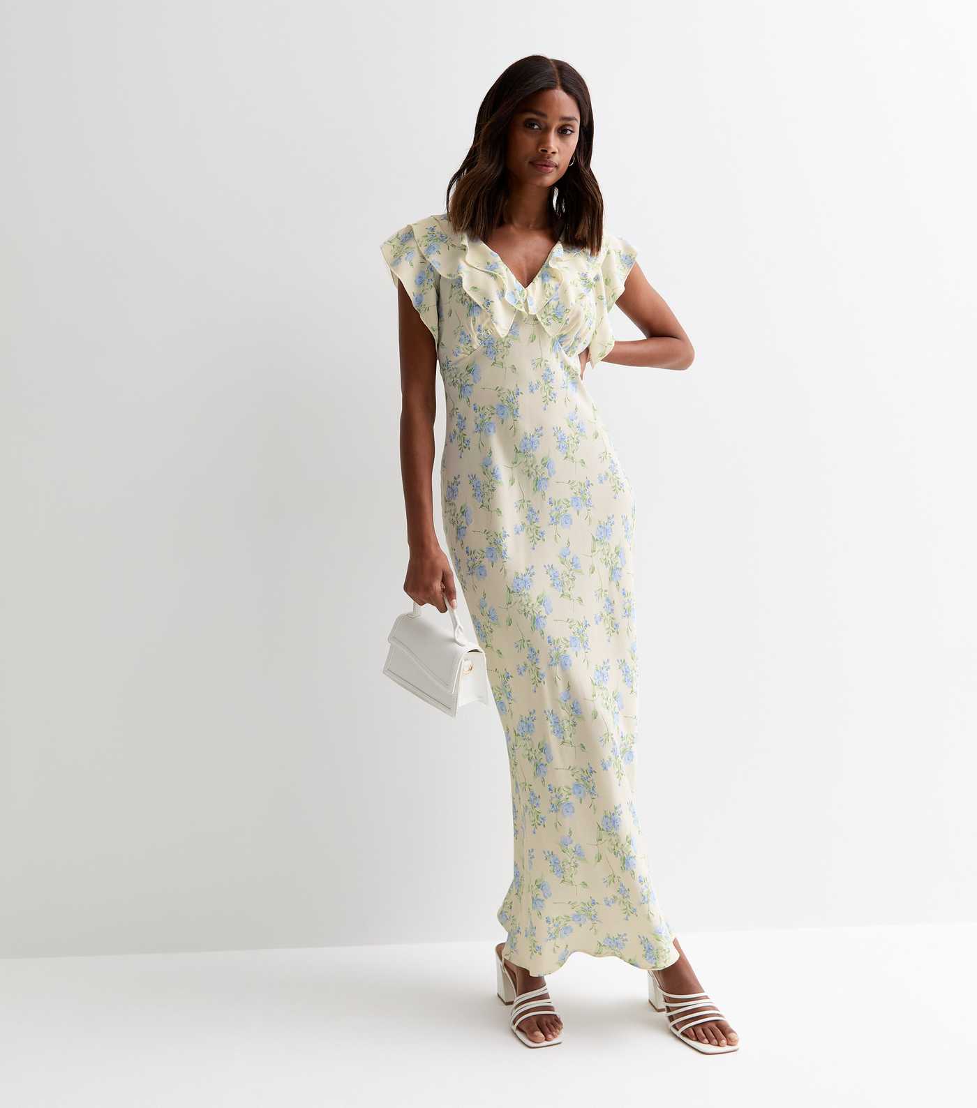 New Look, Cream Ruffled Floral Print Maxi Dress