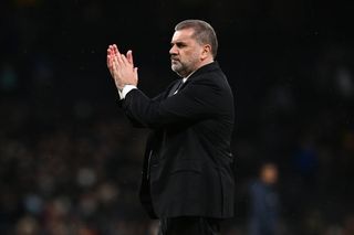 Tottenham Hotspur manager Ange Postecoglou during the Premier League match between Tottenham Hotspur and Brighton & Hove Albion at Tottenham Hotspur Stadium on February 10, 2024 in London, England. 