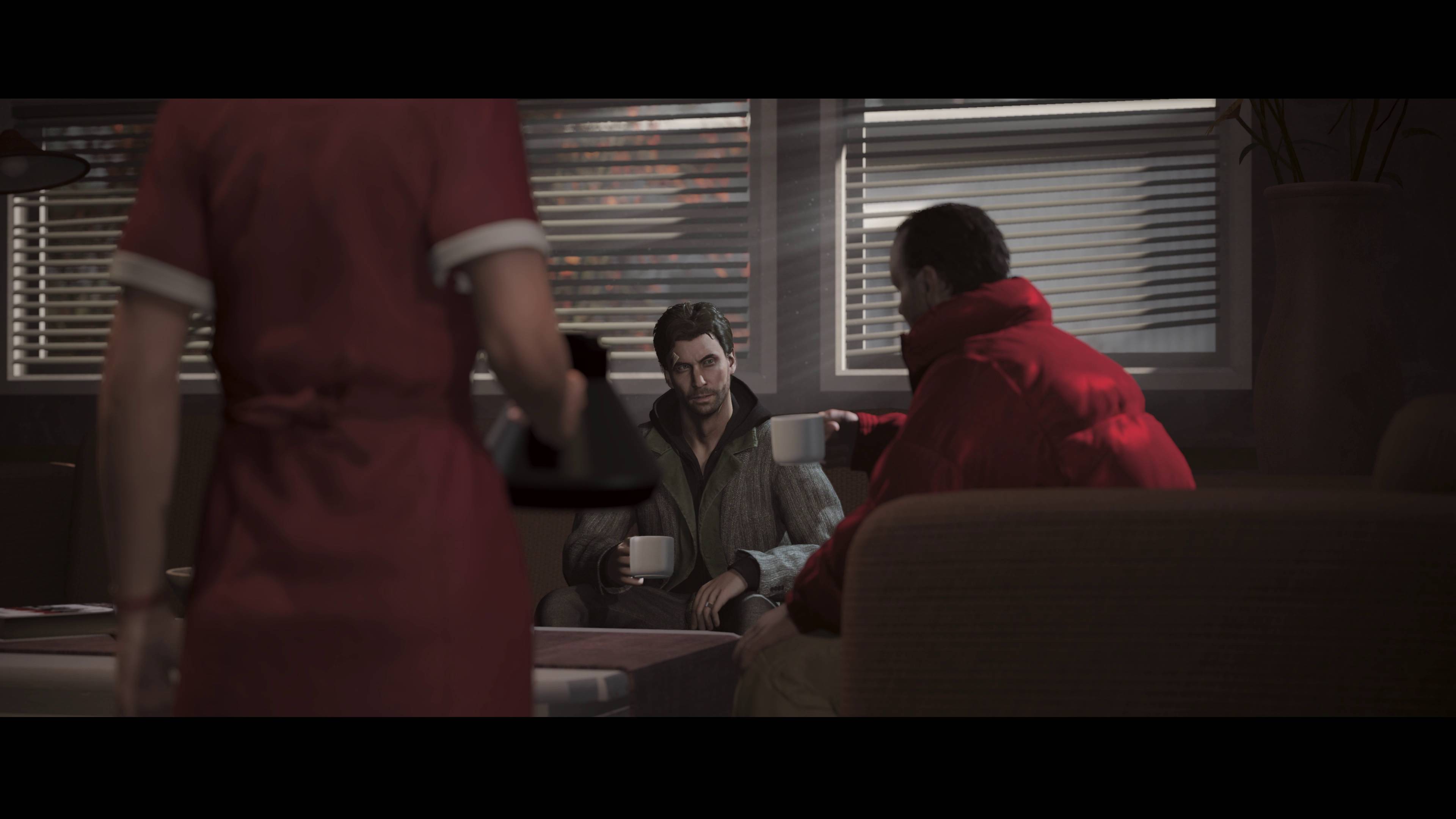 Alan Wake and Barry Wheeler enjoying coffee in Alan Wake Remastered