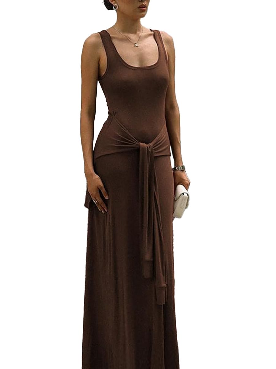 Evzeiem, Evzeiem Womens Summer Casual Sleeveless Maxi Dress Slim Fit Tie Waist Tank Long Dresses 2025 Vacation Sundress,brown M