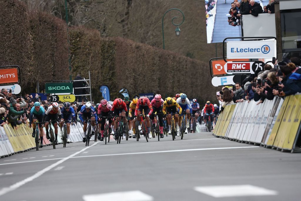 The breakaway cycles to the finish line during the 2nd stage of the 81st Paris Nice cycling race 164 km between Bazainville and Fontainebleau on March 6 2023 Photo by ANNECHRISTINE POUJOULAT AFP Photo by ANNECHRISTINE POUJOULATAFP via Getty Images