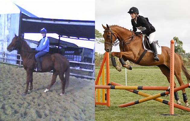 “This is the first time I sat on Charlie (racing name Fora Smile) after he had recovered from a broken leg which happened while racing as a sprinter. I was very lucky to be given him, and after eight months of box rest and careful groundwork I finally got on him. The other picture is of us showjumping last summer at our first one-day-event, 11 years after I got him. It was a very long time coming, but he is the most wonderful character and we have had so much fun over the years” — Steph Bull