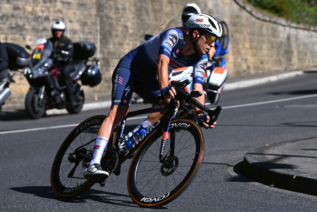 LIMPERTSBERG LUXEMBOURG SEPTEMBER 24 Andrea Bagioli of Italy and Team Soudal Quick Step competes in the breakaway during the 83rd Skoda Tour Luxembourg 2023 Stage 5 a 1722km stage from Mersch to Luxembourg Limpertsberg on September 24 2023 in Limpertsberg Luxembourg Photo by Tim de WaeleGetty Images