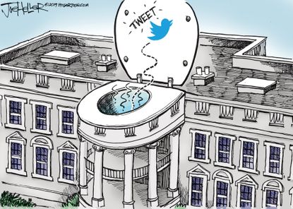Political Cartoon U.S. White House Trump Tweets Toilet