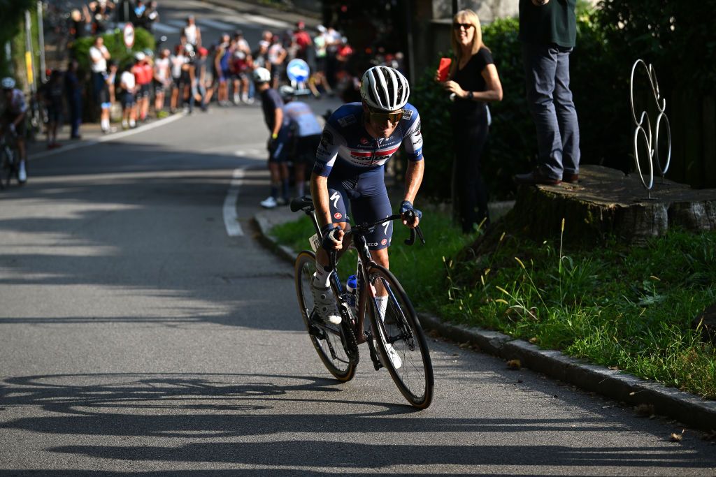 VARESE ITALY OCTOBER 03 Ilan Van Wilder of Belgium and Team Soudal Quick Step attacks during the 102nd Tre Valli Varesine 2023 a 19654km one day race from Busto Arsizio to Varese on October 03 2023 in Varese Italy Photo by Dario BelingheriGetty Images