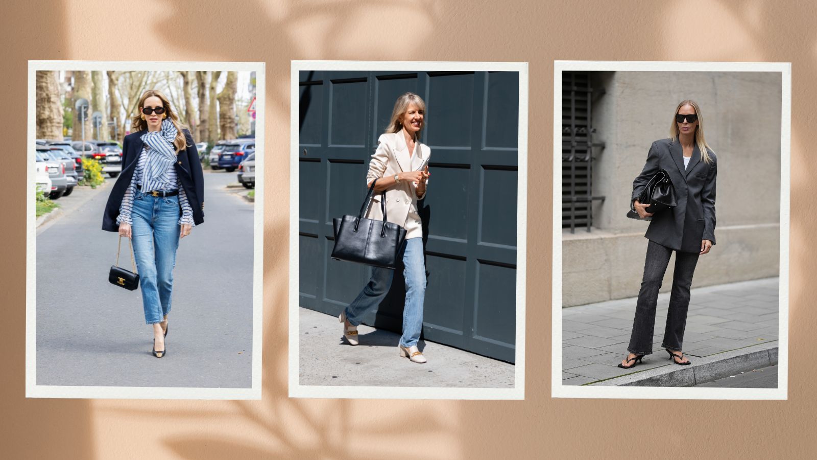 3 women wearing various jeans and blazer outfits