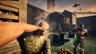 The player character punches a guard right in the kisser in Deficit, as other guards approach and sentry drones fly overhead.