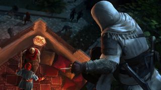 Assassin's Creed Mirage: Basim crouching on ledge above enemies