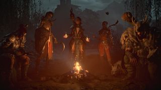 Diablo 4 - All five character classes sit together at a fire