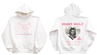 A white hoodie featuring a picture of Maria from Silent Hill 2, above the quote "I don't look like a ghost, do I?"