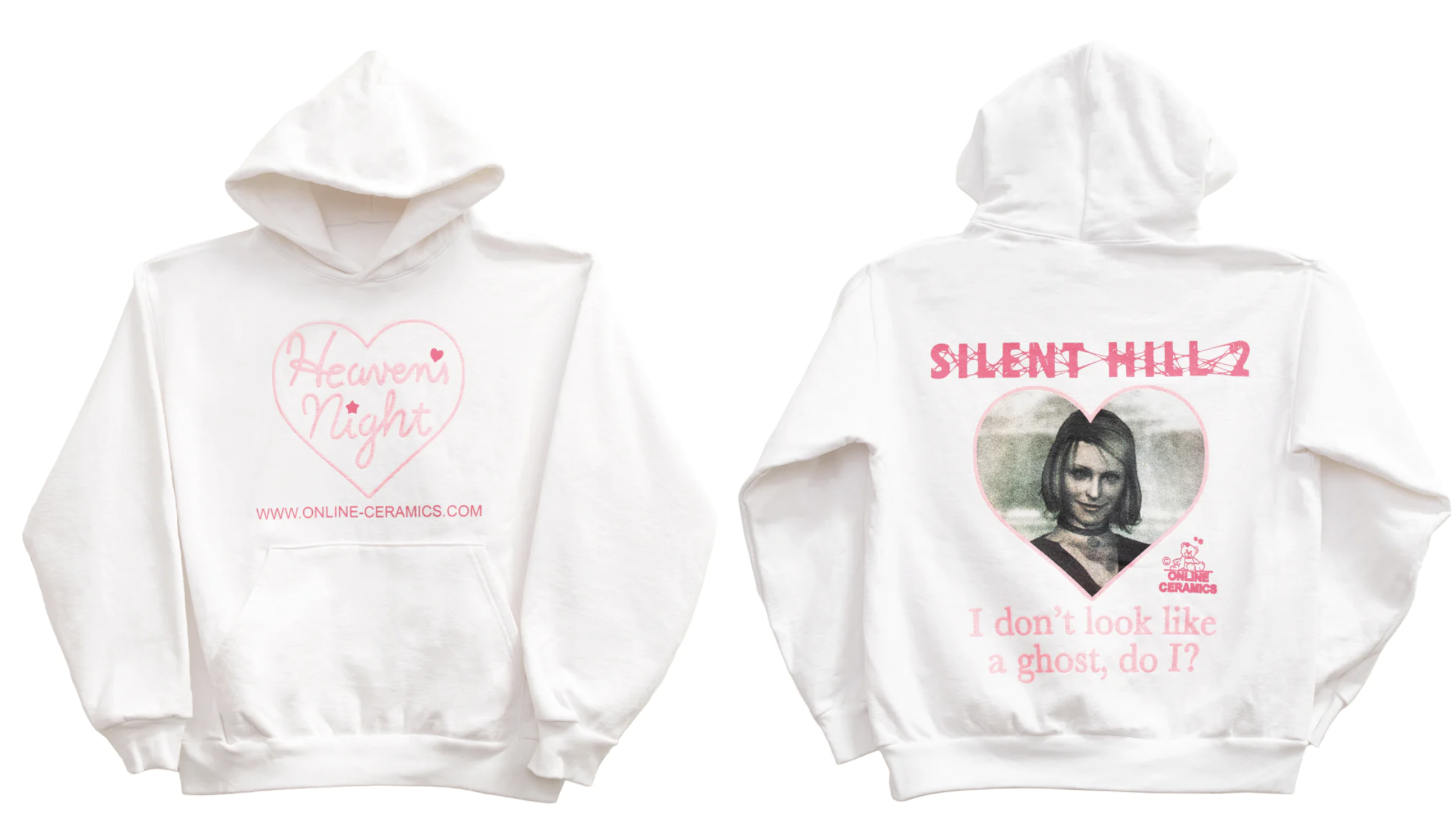 A white hoodie featuring a picture of Maria from Silent Hill 2, above the quote 