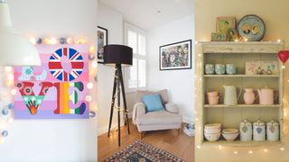 A collage of three living rooms showing how to decorate your house after christmas with fair lights around artwork, bookcases and even wrapped around tripod lamp legs