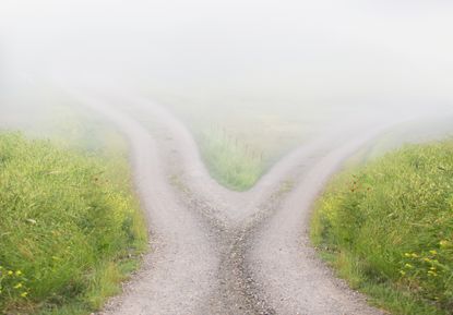 A gravel road splits in two, the paths obscured by fog.