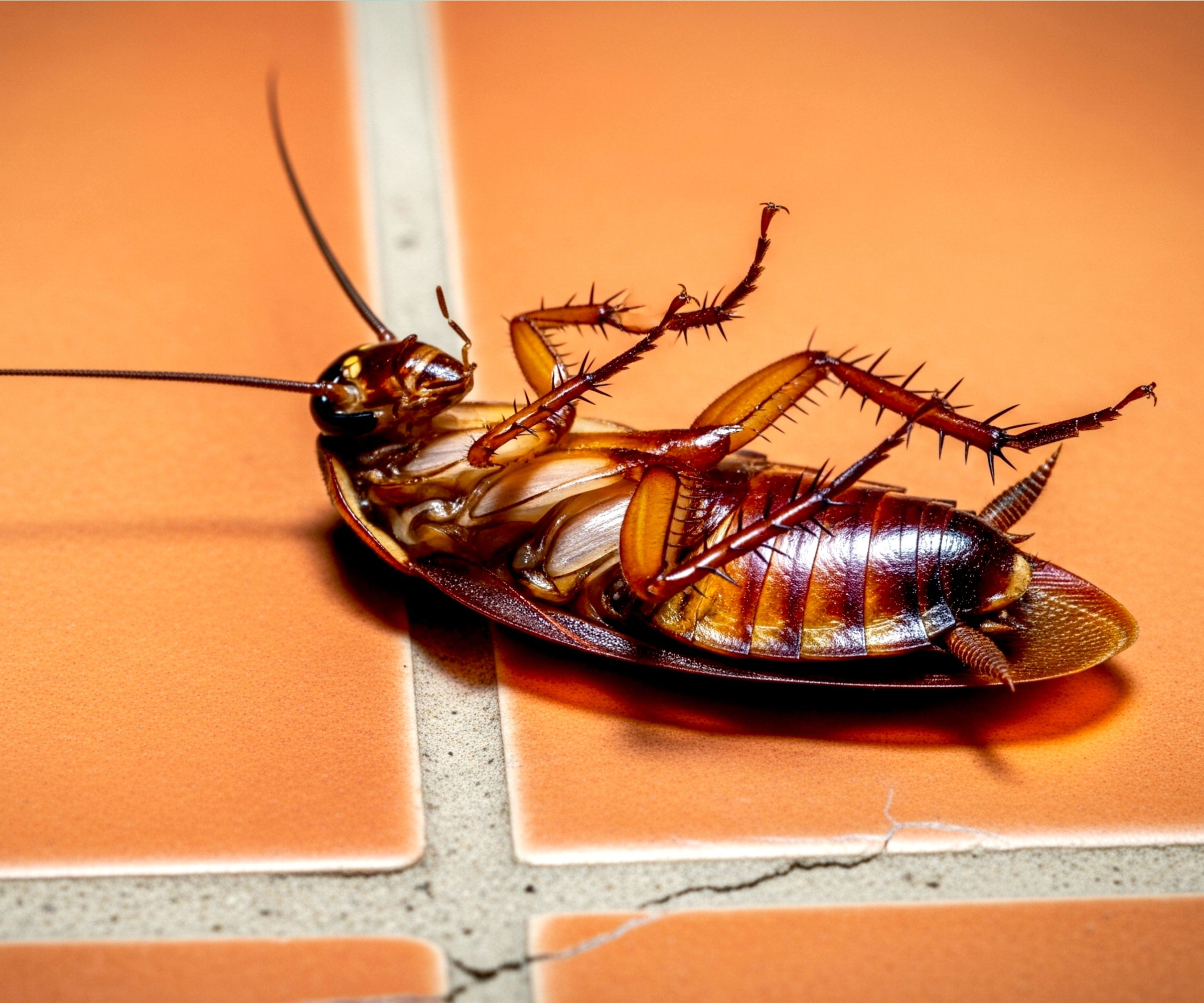 cockroach lying on orange kitchen tile