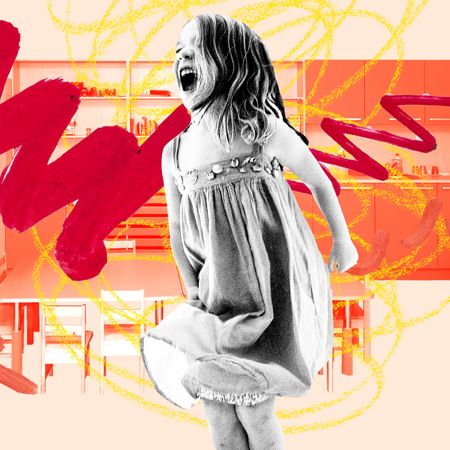 A child screaming in black and white in front of an illustration of a classroom and scribbles