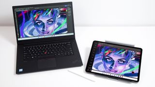 Photograph of a PC laptop mirroring an iPad's display, via the Astropad Studio app