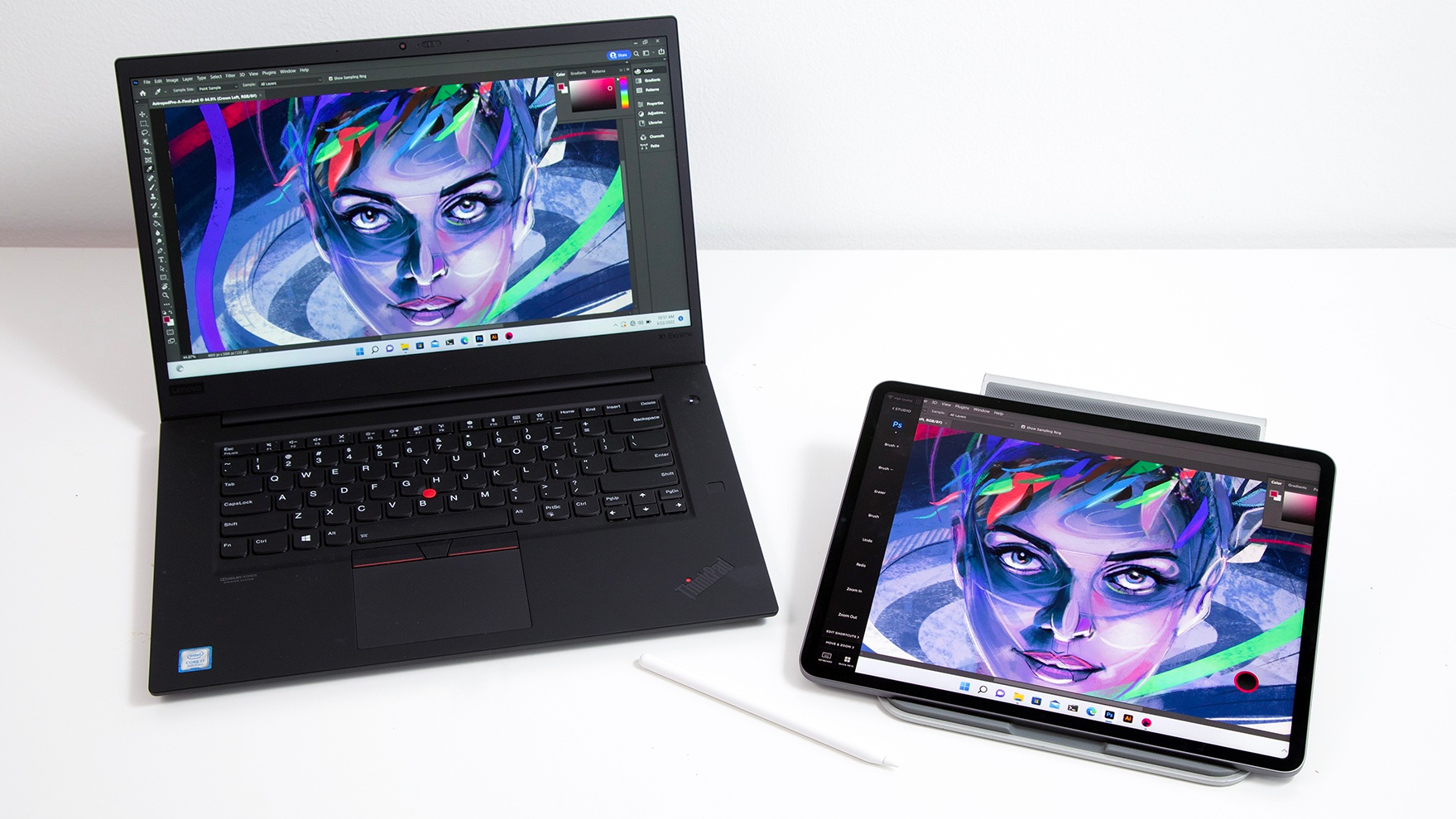 Photograph of a PC laptop mirroring an iPad&#039;s display, via the Astropad Studio app