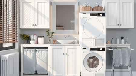 white laundry room with washing machine, dryer and laundry baskets