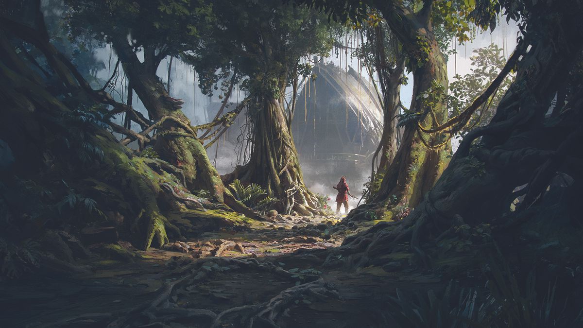 Artwork depicting a small figure in a dark forest, admiring a temple in the distance.