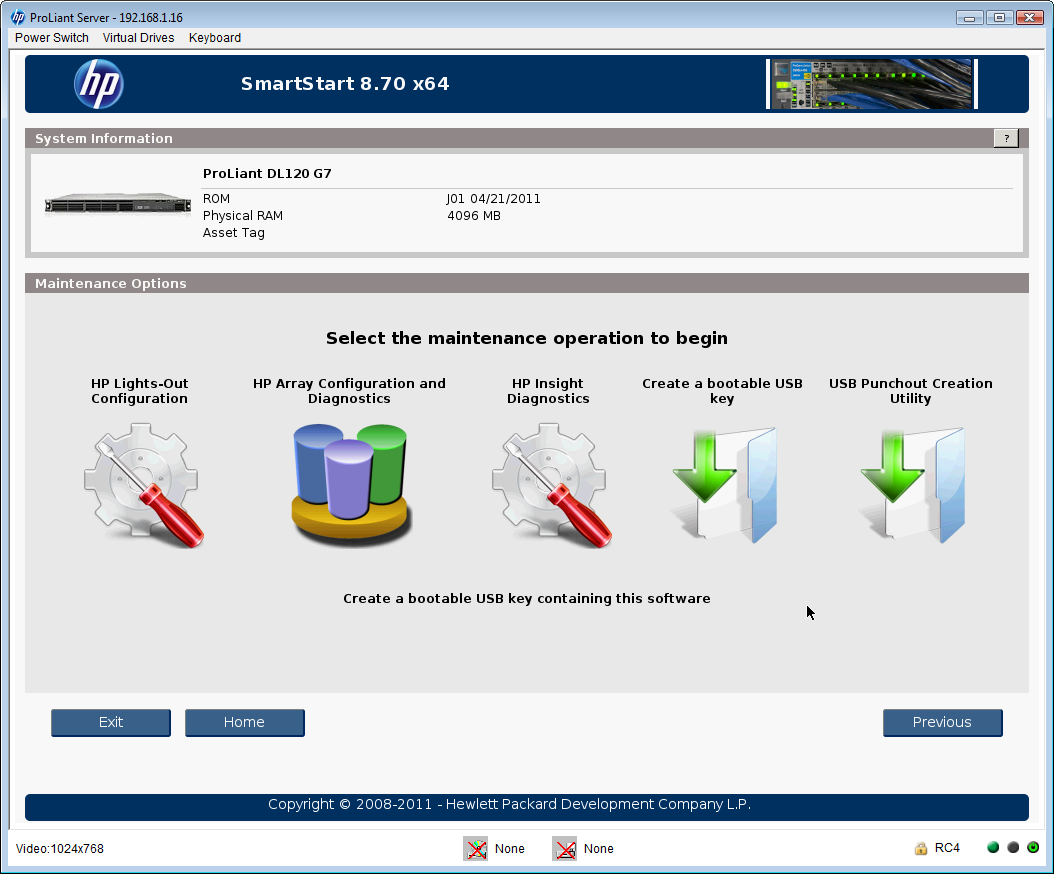 HP&rsquo;s ServerStart bootable disc helps with OS installation and RAID array configuration.