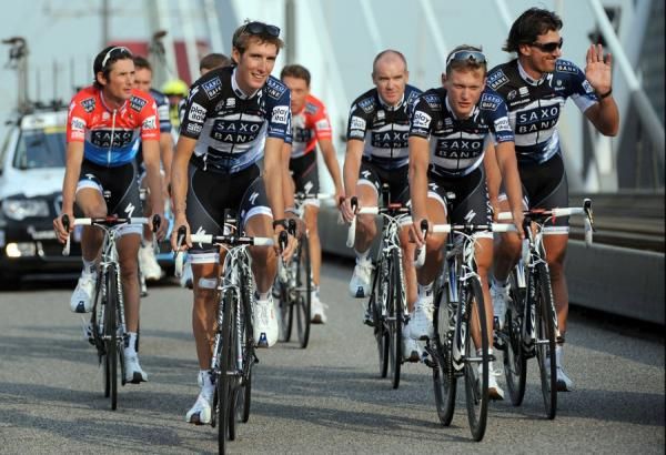 The Saxo Bank team, with Andy Schleck leading the way.