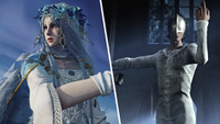 A split image, featuring a maiden from Elden Ring: Nightreign amidst a blue aurora background, and a posing warrior drussed up in a nightgown and a strange helmet.