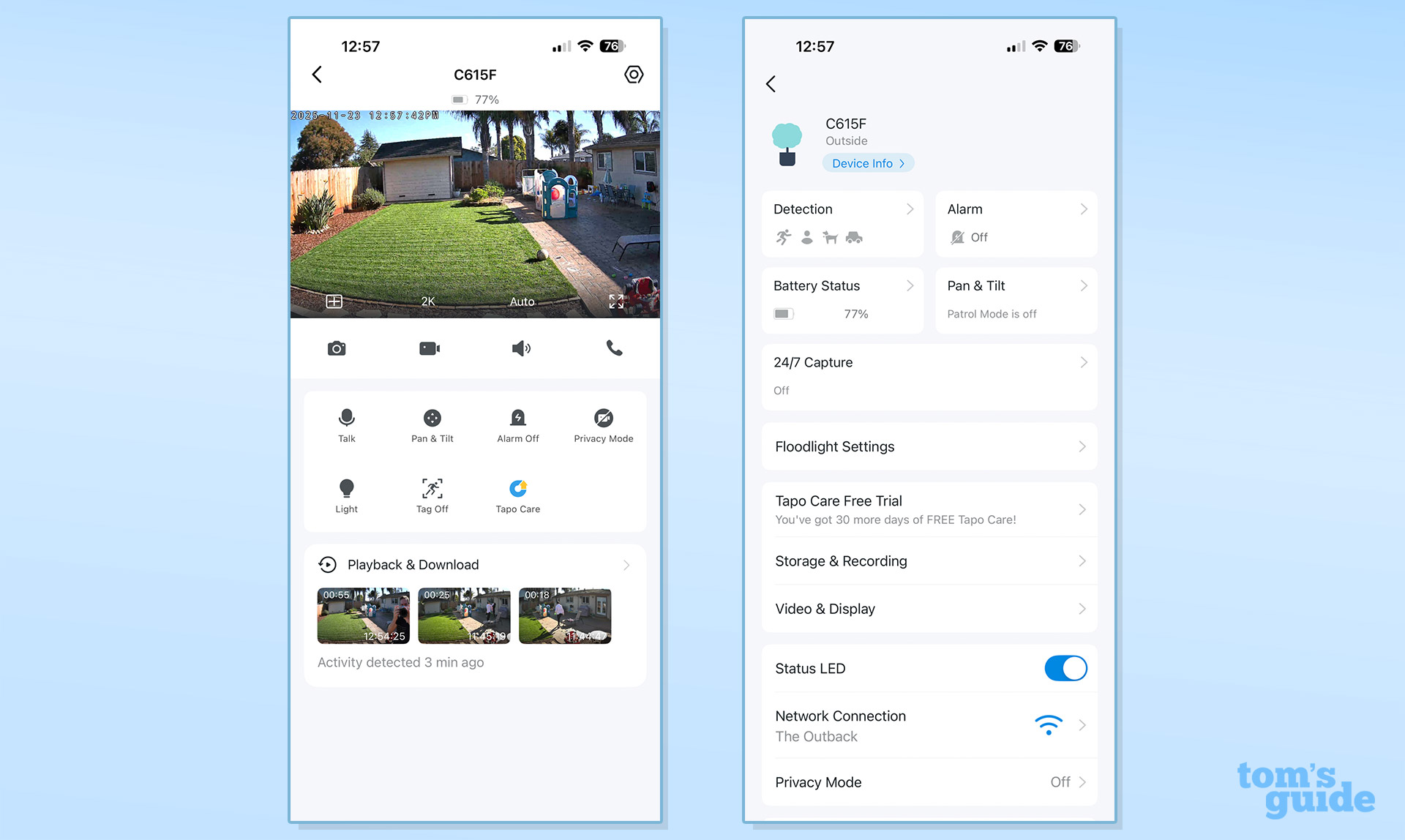 Screenshots of the TP Link Tapo C615F security camera app