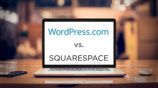 Laptop on desk showing WordPress.com and Squarespace logo