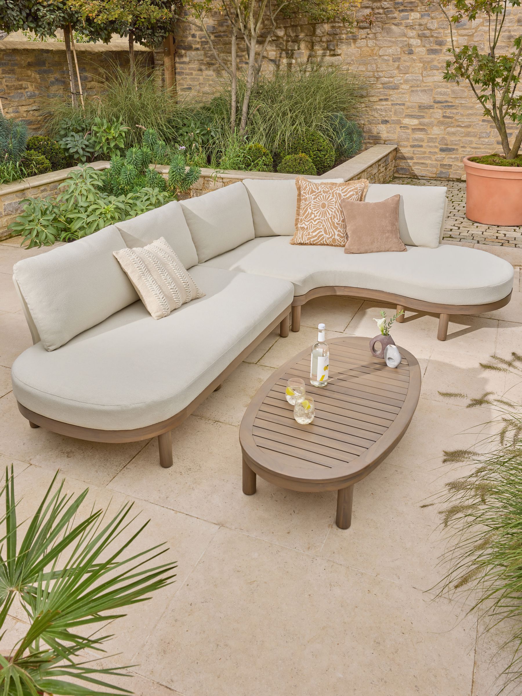 Natural Boucle Florence Curve Corner Sofa and Table Lounge Set